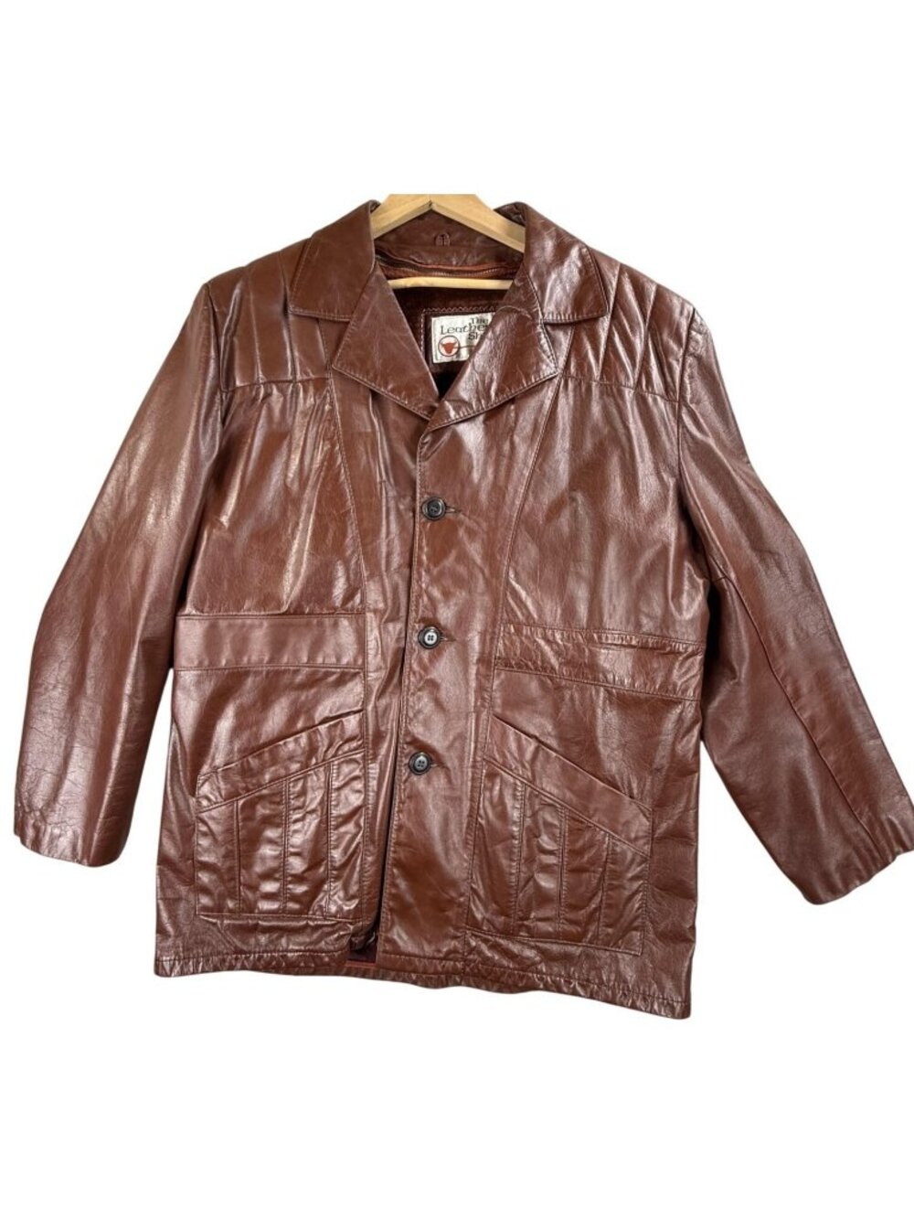 Vintage Sears Leather Shop Coat Mens 44 Red Leather Overcoat Lined 70s Jacket